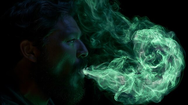 Prompt: A dynamic close-up portrait of a performer exhaling a burst of pale green methane fire that twists into a spiral nebula shape, lighting his face. Shot on Phase One XF IQ4, f/3.5, rich 