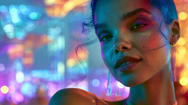 Futuristic woman dancing at a futuristic music festival.