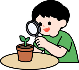 Boy observing potted plant sprout with magnifying glass vector illustration, science education concept