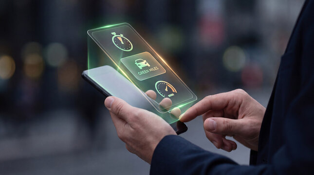 man holding smartphone with glowing green miles interface and speed gauge to track eco friendly delivery route, monitor fuel efficiency score, and support sustainable transport goal