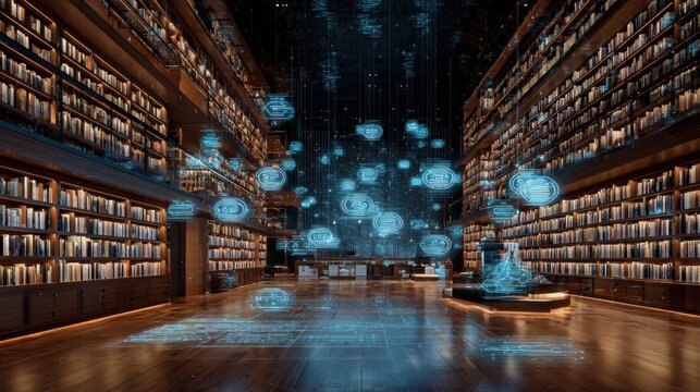 Modern library with endless shelves while a luminous holographic AI assistant organizes floating digital books, warm wood combined with futuristic