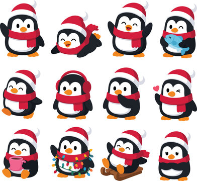 A collection of 12 adorable Christmas penguin characters in festive winter poses. Featuring Santa hats