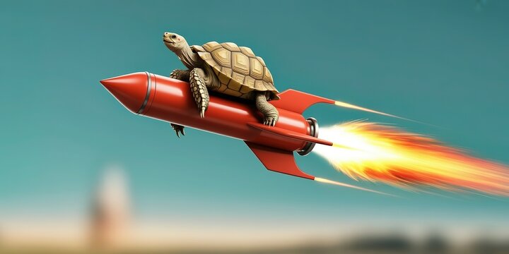 A brown turtle riding a fast red rocket with bright fire exhaust