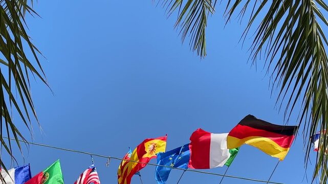 Flags of different countries under blue tropical sky 4k
