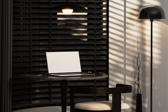 Blank laptop screen mockup on a table, 3d render