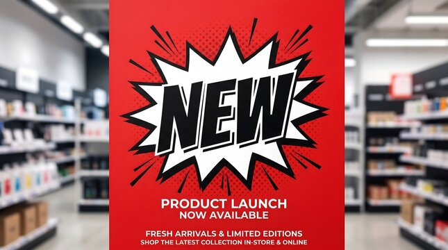 Bold promotional graphic announcing a new product launch with dynamic comic