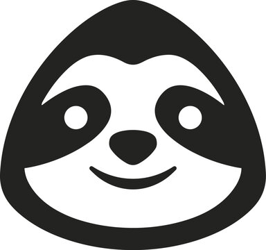 Minimalist sloth head vector icon, cute smiling sloth face logo, black and white animal character illustration for branding and web design