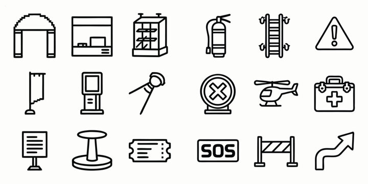 Emergency and event management line vector icon set with fire extinguisher first aid kit ticket kiosk and warning sign symbols