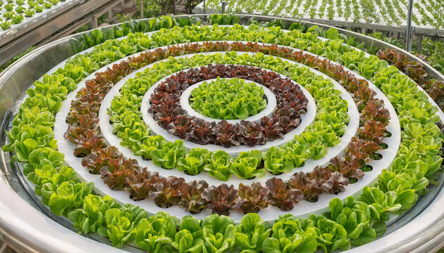 Circular hydroponic growing system featuring concentric rings of fresh green and red lettuce plants arranged in a large metal container