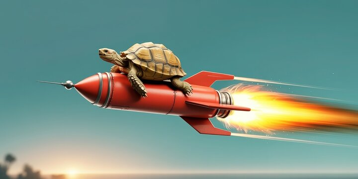 A tortoise riding a fast red rocket with a bright fire exhaust trail