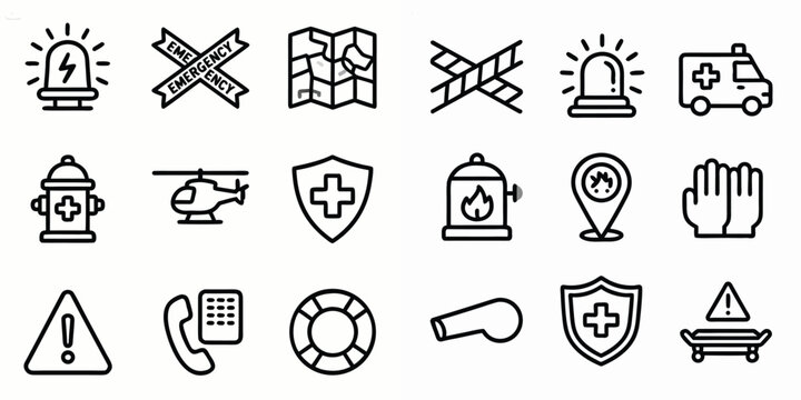 Emergency and safety icons set featuring ambulance siren fire hydrant helicopter and medical symbols in vector line style