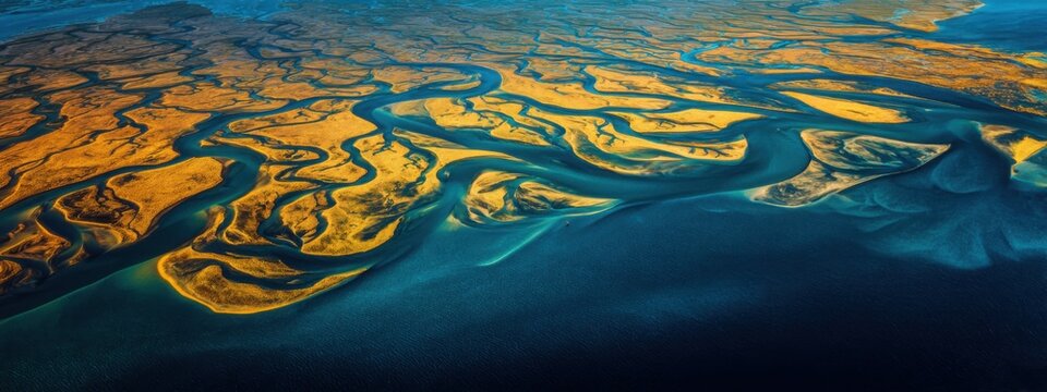 Panoramic drone view of intricate golden river delta patterns merging into deep sapphire water, abstract natural geometry, dramatic sunlight, premium