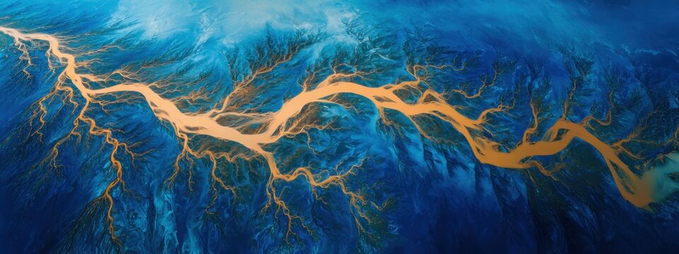 Panoramic drone view of intricate golden river delta patterns merging into deep sapphire water, abstract natural geometry, dramatic sunlight, premium