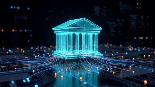Digital bank building rendered as a glowing neon wireframe hologram with bright blue lines and intricate geometric architectural detail