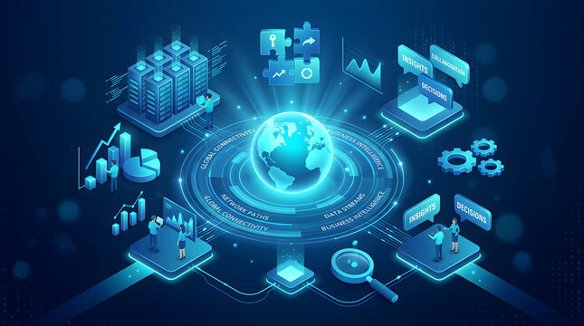 Isometric business intelligence and data analytics ecosystem with global connectivity and decision making process
