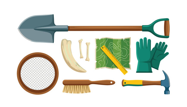 An assortment of professional archaeological digging tools and exploration equipment . displaying shovel, protective gloves, ancient bones, topographic map, sifter .