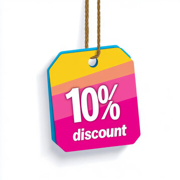 A 3D hanging price tag with rounded corners, strung with brown twine, features horizontal color blocks of yellow, orange, pink and magenta, printed with bold white text "10% discount"