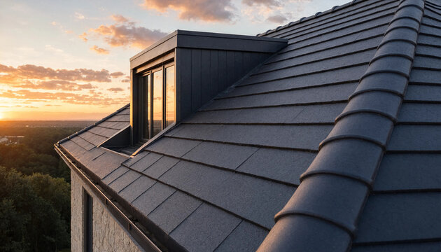 Close up of a dark grey tiled roof with a dormer window at sunset, showing the texture of the shingles and the warm light on the horizon