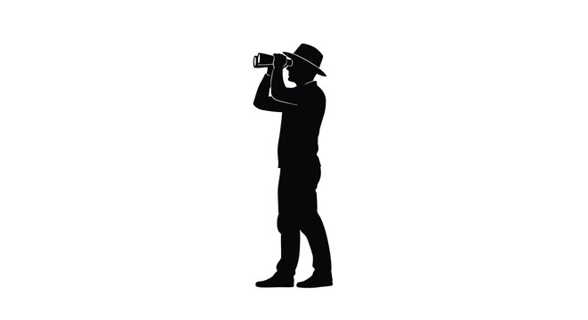 Silhouette of a man with a hat looking through binoculars against a white background