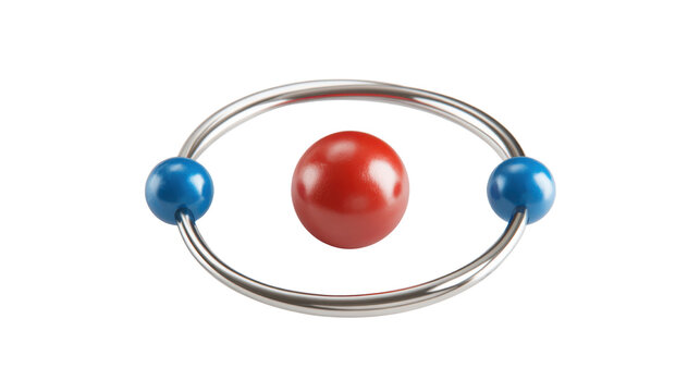 Simple 3D atom model with red nucleus sphere and blue orbiting electrons on silver ring on white background