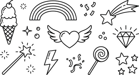 Cute magic doodle elements vector line art set with rainbow winged heart magic wand diamond ice cream lollipop lightning bolt and stars © MDHELAL