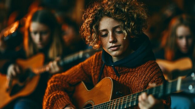 A cinematic portrait of teenagers focused on rehearsing music together with acoustic guitars in warm late-afternoon light.