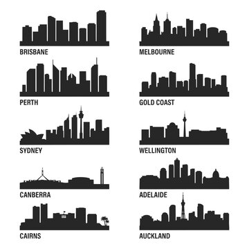 City Skylines Silhouette Collection Against White Background