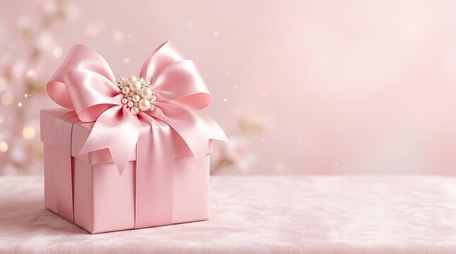 A beautiful pink gift box tied with a large satin ribbon bow sitting on a soft pastel background for festive celebrations