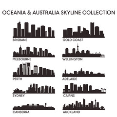 Naklejka premium Oceania And Australia City Skylines Silhouette Collection Black On White