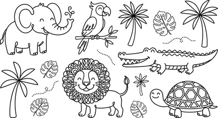 Cute safari jungle animals coloring page vector set with baby elephant lion crocodile turtle parrot and palm trees isolated on white background © MDHELAL