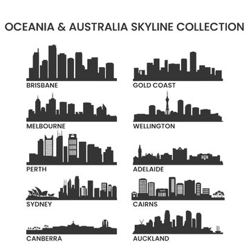 Oceania And Australia Skyline Silhouettes On White Background