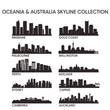 Oceania And Australia City Skylines Silhouette Collection Black On White