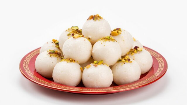 Traditional indian sweets rasgulla served on a decorative round plate