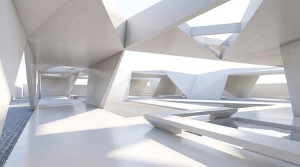 Fototapeta premium Futuristic White Geometric Architectural Pavilion with Minimalist Concrete Interior and Skylights