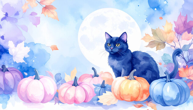 Black Cat With Pumpkins in Watercolor Style Halloween Featuring Cute Feline Design