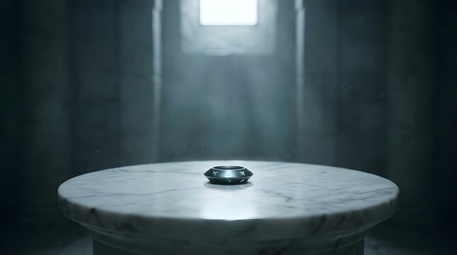 Dark bowl with symbols on marble pedestal