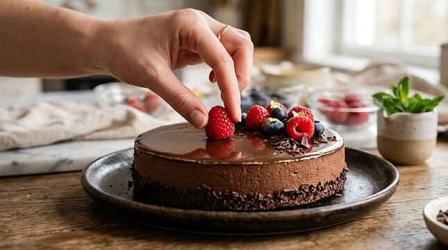 Hand decorating gourmet chocolate mousse cake with fresh raspberries with decadent glossy chocolate