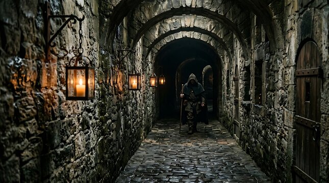 A dark and mysterious stone corridor inside an ancient castle illuminated by warm glowing vintage lanterns hanging from the weathered walls