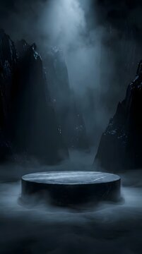 Dark stone pedestal in misty mountain landscape