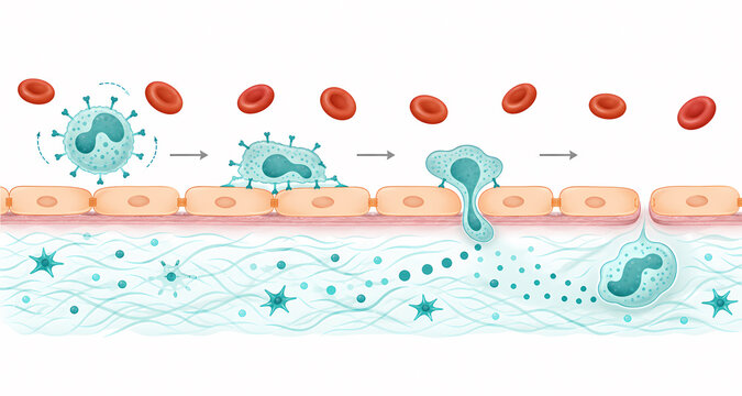 Leukocyte extravasation endothelial adhesion illustration