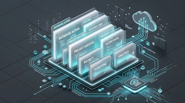 Digital cloud storage system with holographic file folders and data management interface