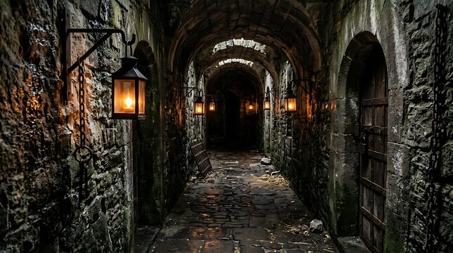 A dark and mysterious stone hallway in an ancient castle illuminated by warm glowing lanterns creating a moody and atmospheric cinematic scene