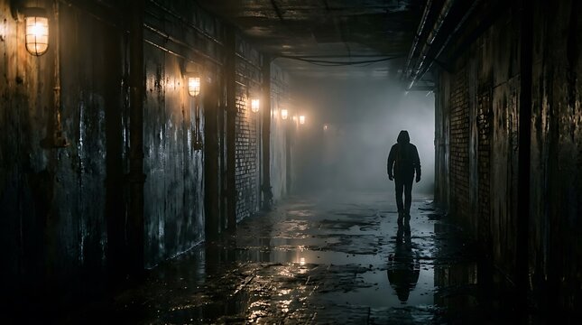 A lone silhouette walking down a dark and misty urban alleyway at night with glowing street lamps reflecting on wet pavement