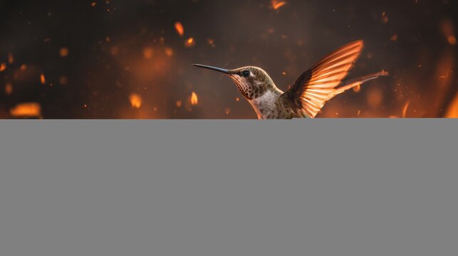 Tiny hummingbird hovering in front of brilliant flam