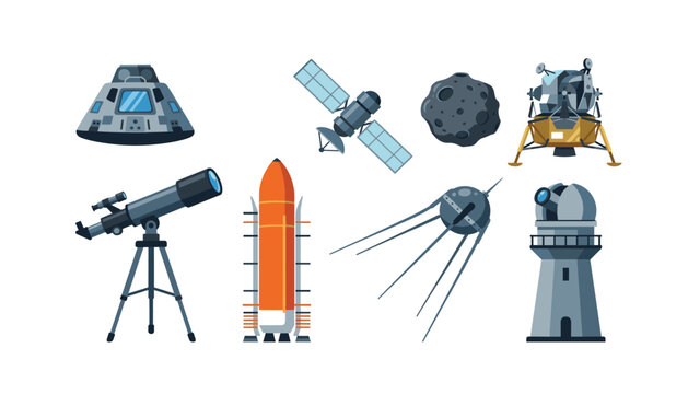 A set of generic space exploration equipment illustrations . showing a rocket, satellite, telescope, observatory tower, asteroid, lunar lander .