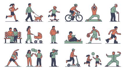 Fototapeta premium Diverse people character set doing outdoor activities sports walking cycling reading and fitness in flat vector style design