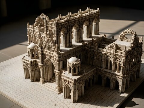 Detailed architectural model of ornate gothic cathedral ruins with intricate stone carvings