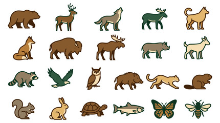 Obraz premium Wild forest animals vector icon collection featuring bear wolf deer fox bison eagle owl beaver rabbit isolated design