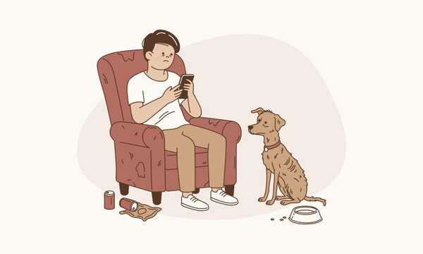 Man Ignoring His Pet Dog Looking at Smartphone with Empty Food Bowl Vector