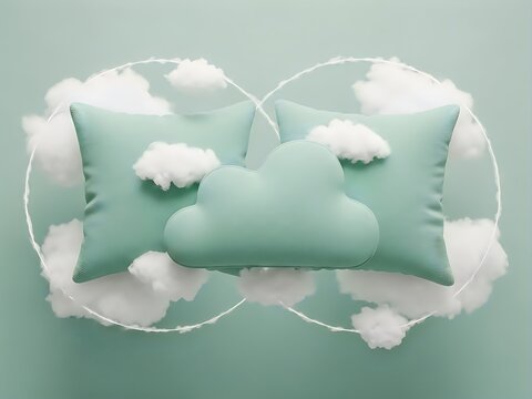 Mint green cloud shaped pillow and rectangular cushions floating among soft white clouds in pastel